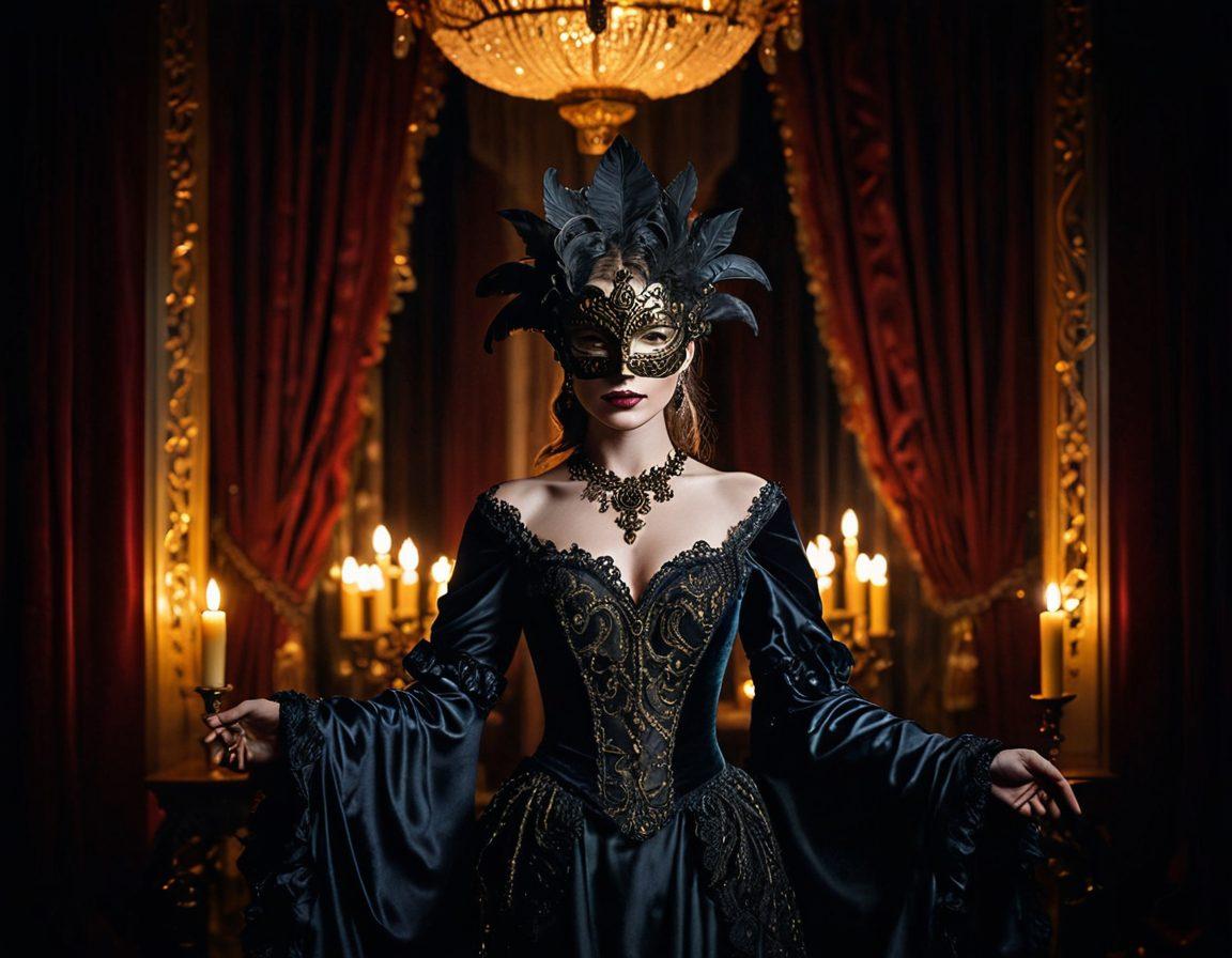 A mysterious and enchanting scene depicting a shadowy figure in a masked masquerade ball, surrounded by lush velvety curtains and dim candlelight, symbolizing the allure of forbidden fantasies. Wisps of smoke curl around them, hinting at hidden secrets and desires. Add elements of intrigue with subtle hints of adult imagery in a tasteful manner. The atmosphere should be both alluring and slightly dark, creating a sense of curiosity. dramatic lighting. surreal art.