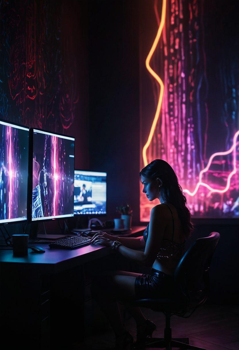 A shadowy figure sits at a computer, illuminated by the glow of erotic adult streaming content. In the background, blurred images of alluring silhouettes hint at desire and temptation, while chains of pixelated data flutter ominously around them, symbolizing coercion. The atmosphere is tinged with a mix of intrigue and danger, showcasing the paradox of attraction and entrapment. The color palette is dark with vibrant neon accents to highlight the allure. cinematic art. vibrant colors. dark theme.