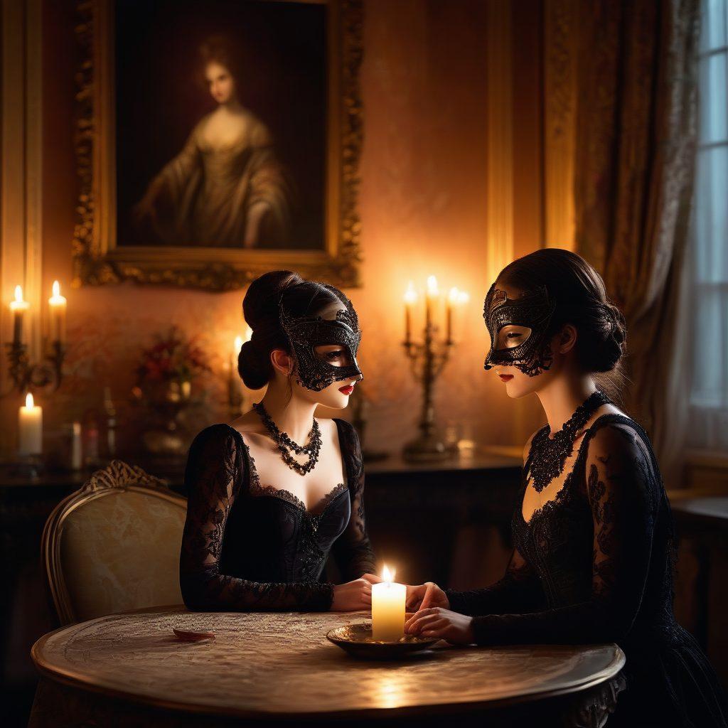 An alluring scene of a mysterious, dimly lit room filled with velvet textures and elegant lace, featuring two shadowy figures engaged in a whispered conversation, hinting at their secret desires. Candles cast a warm, flickering glow, creating an intimate atmosphere that evokes curiosity. Elements of forbidden fantasies, such as a playful masquerade mask and an ornate key, subtly placed in the background. surrealism. rich colors. soft lighting.
